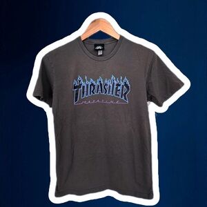 Thrasher Magazine Classic Charcoal Tee with Blue Flame Logo